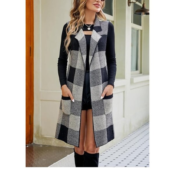 NEW Open Front Knit Cardigan Jacket Plaid Blazer Vest S Sleeveless Jacquard Long - Picture 4 of 15